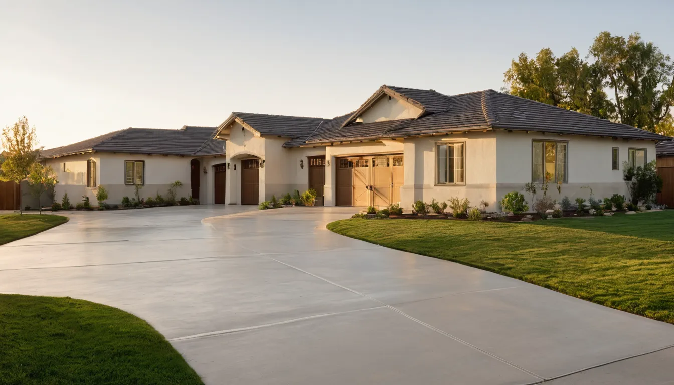 A freshly poured concrete driveway in front of a stucco ranch home in Oakland